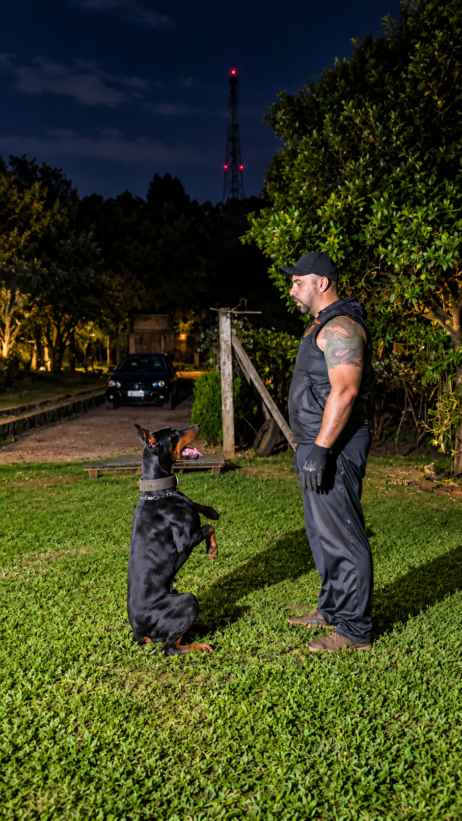 Treinador com cão preto em trabalho noturno